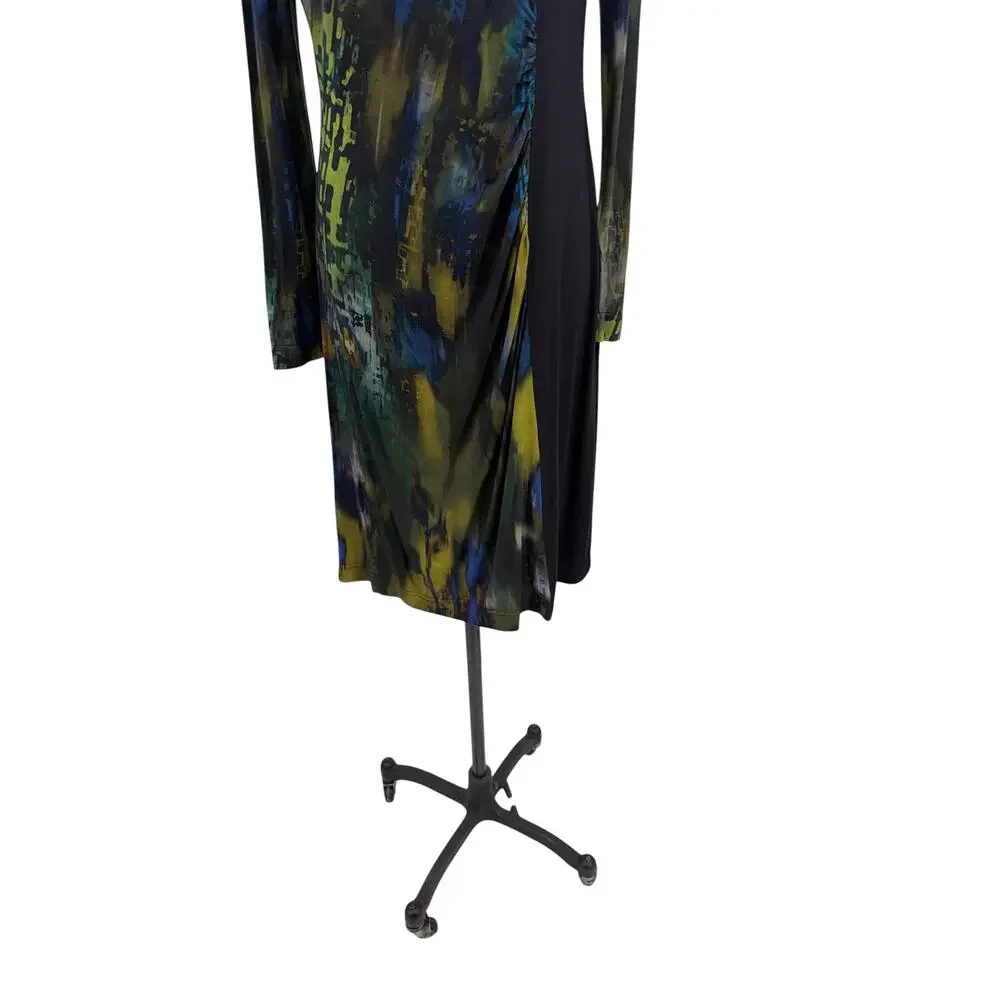Hilton Hollis Asymmetrical Printed Sheath Dress Black Green Blue Long Sleeve M